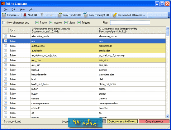 سورس کد مقایسه فایلهای 2 دیتابیس SQLite برای داده و structure در سی شارپ #C